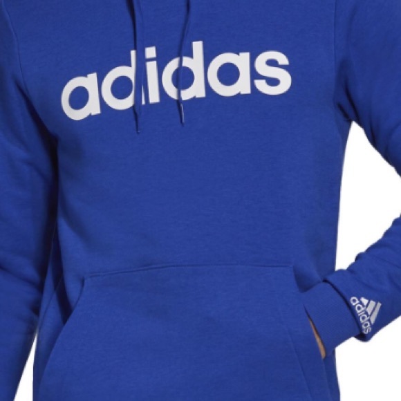 NWOT Adidas Blue Hooded Sweatshirt Essentials with White Linear Logo Size Small - Picture 2 of 5